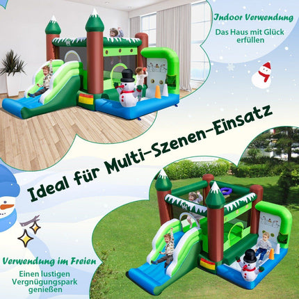 Opblaasbaar springkussen voor kinderen met glijbaan, ballenbak, basketbalring en werpgaten. Speelparadijs in wintermotief met 735 W luchtblazer.