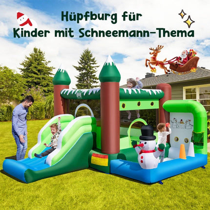 Opblaasbaar springkussen voor kinderen met glijbaan, ballenbak, basketbalring en werpgaten. Speelparadijs in wintermotief met 735 W luchtblazer.