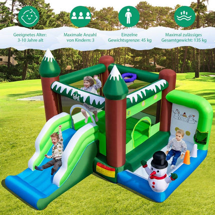 Opblaasbaar springkussen voor kinderen met glijbaan, ballenbak, basketbalring en werpgaten. Speelparadijs in wintermotief met 735 W luchtblazer.