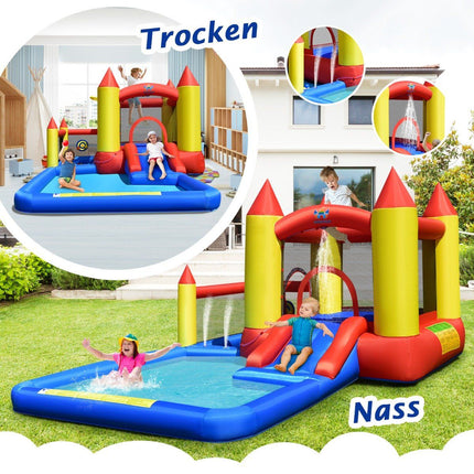 Inflatable bouncy castle with blower & slide & ball pit & basketball ring & paddling pool