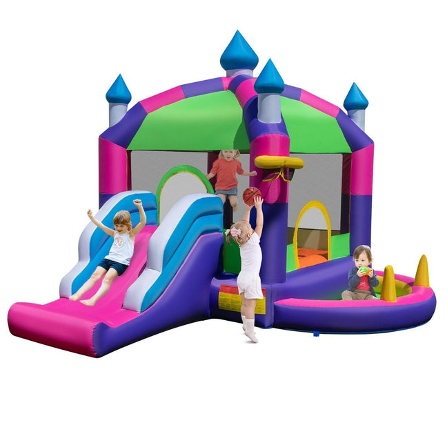 Inflatable bouncy castle with sun roof & slide & basketball hoop & ring toss game & repair kit