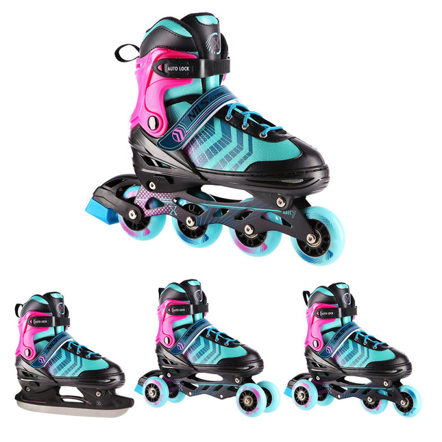 Inline & Hockey Ice Skates, 4-in-1, Black-Violet, Size M