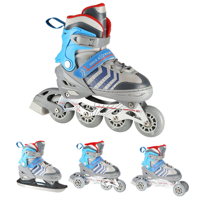 Inline & Hockey Ice Skates, 4-in-1, Grey/Blue, Size M