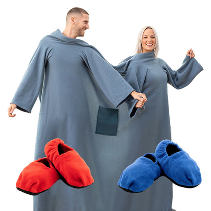 InnovaGoods Double Sleeved Blanket and Microwavable Slippers, Central Pocket