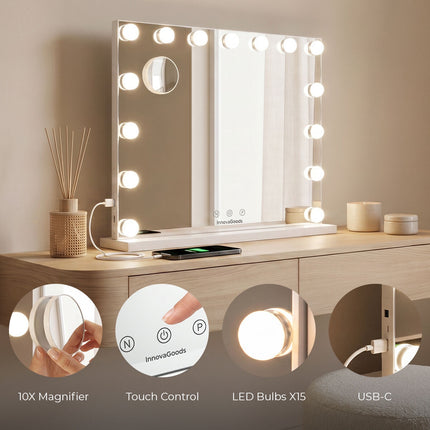 InnovaGoods Glimma Deluxe Hollywood LED Vanity Mirror, 15 Bulbs, 10X Magnifier