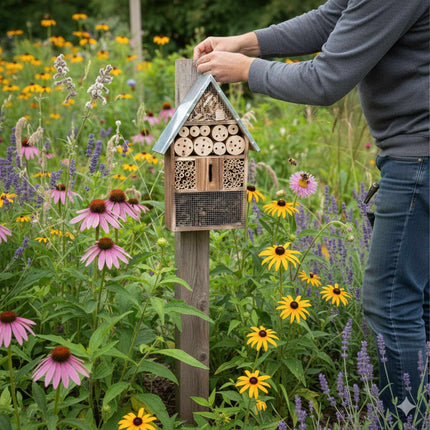 Insect Hotel With Metal Roof, Weatherproof Nesting Shelter