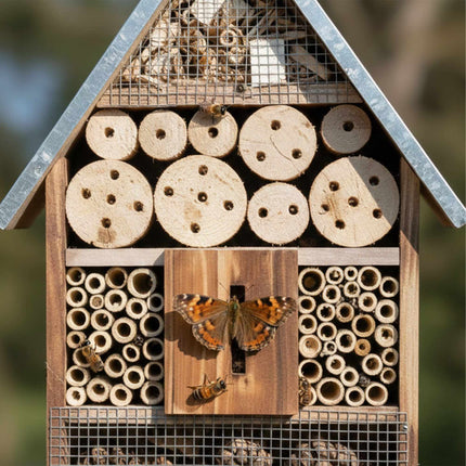 Insect Hotel With Metal Roof, Weatherproof Nesting Shelter