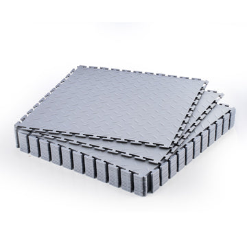 Interlocking Garage Floor Tiles, 16-Pack PVC Diamond Plate, Light Gray