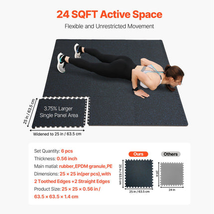 Interlocking Gym Floor Mats, 6 Tiles, 0.56 In, 24 Sq Ft