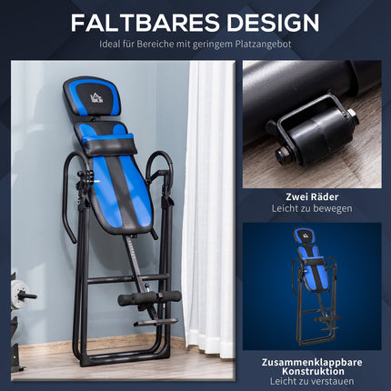 Folding inversion bench with wheels, adjustable cushion