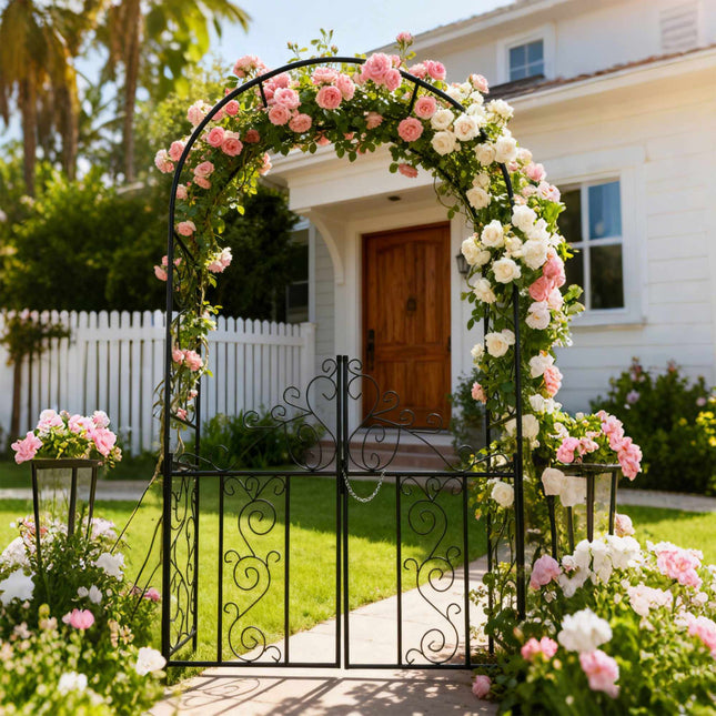 Iron Rose Arch with Gate, Black, 230x130x38 cm