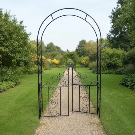 Iron Rose Arch with Gate, Black, 230x130x38 cm
