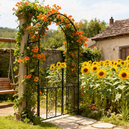 Iron Rose Arch with Gate, Black, 230x130x38 cm