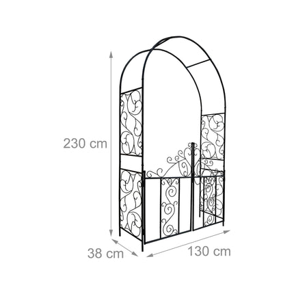 Iron Rose Arch with Gate, Black, 230x130x38 cm