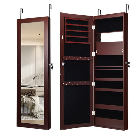 Jewelery cabinet with mirror, cosmetic cabinet with lined shelves, hooks and compartments, brown