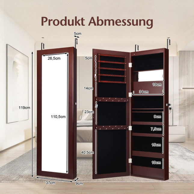 Jewelery cabinet with mirror, cosmetic cabinet with lined shelves, hooks and compartments, brown