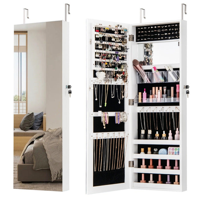 Jewelry Armoire with Full-Length Mirror, Wall/Door Mount, White