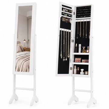Jewelry Armoire with Mirror, Velvet Lining, White