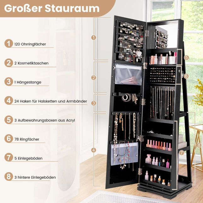 Jewelry Cabinet with Full-Length Mirror, Black, Lockable
