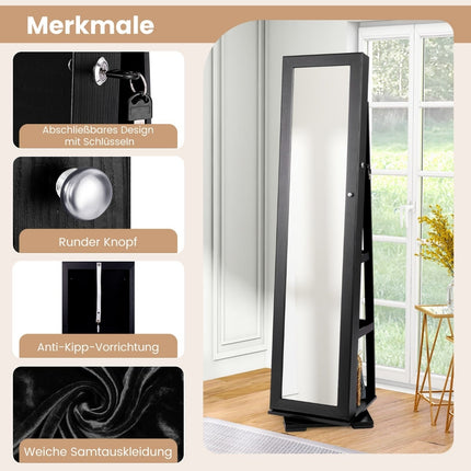 Jewelry Cabinet with Full-Length Mirror, Black, Lockable