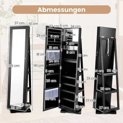 Jewelry Cabinet with Full-Length Mirror, Black, Lockable