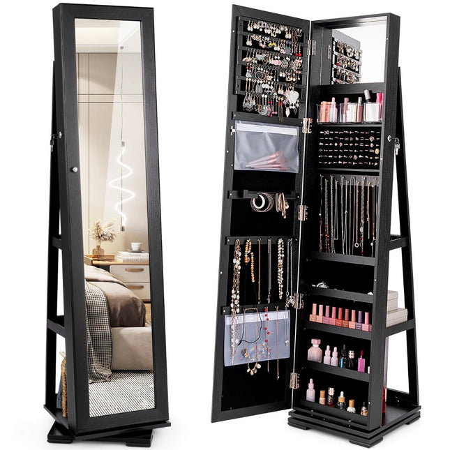 Jewelry Cabinet with Full-Length Mirror, Black, Lockable