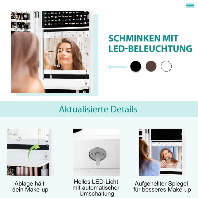 Jewelry Cabinet with LED, Full-Length Mirror, White