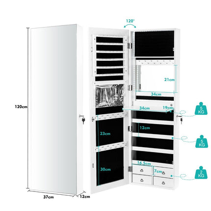 Jewelry Cabinet with LED, Full-Length Mirror, White
