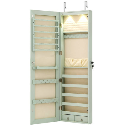 Jewelry Cabinet with LED Light, Mirror, Lockable, Green