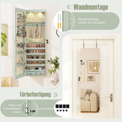 Jewelry Cabinet with LED Light, Mirror, Lockable, Green
