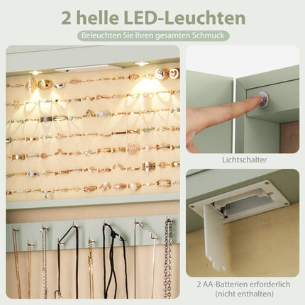 Jewelry Cabinet with LED Light, Mirror, Lockable, Green