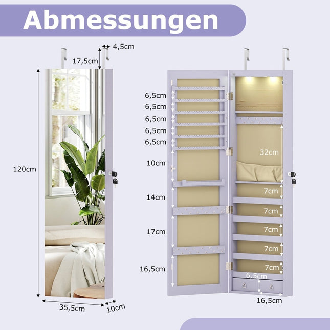 Jewelry Cabinet with LED Light, Mirror, Lockable, Purple