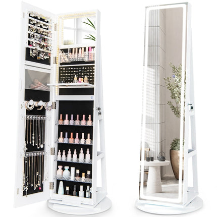 Jewelry Cabinet with LED Mirror, 360 Rotating, White