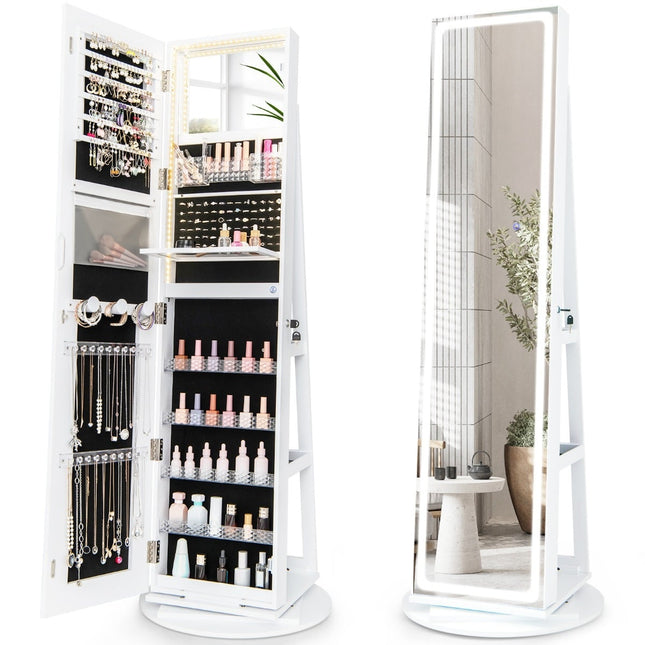 Jewelry Cabinet with LED Mirror, 360 Rotating, White