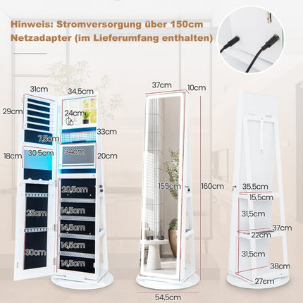 Jewelry Cabinet with LED Mirror, 360 Rotating, White