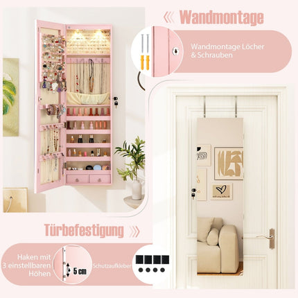Jewelry Cabinet with Mirror, LED Lighting, Lockable, Pink