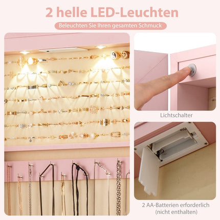 Jewelry Cabinet with Mirror, LED Lighting, Lockable, Pink