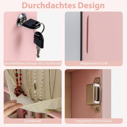 Jewelry Cabinet with Mirror, LED Lighting, Lockable, Pink