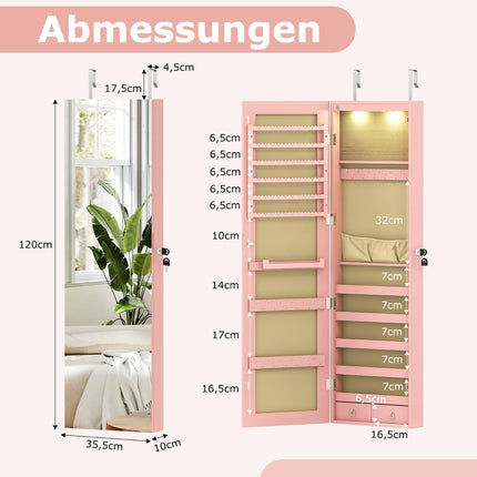 Jewelry Cabinet with Mirror, LED Lighting, Lockable, Pink