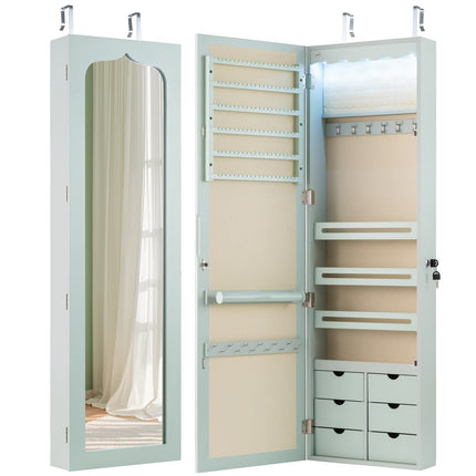 Jewelry Cabinet with Mirror, LED Lights, Lockable, Green