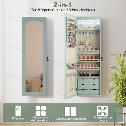 Jewelry Cabinet with Mirror, LED Lights, Lockable, Green