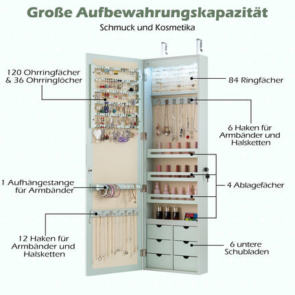 Jewelry Cabinet with Mirror, LED Lights, Lockable, Green