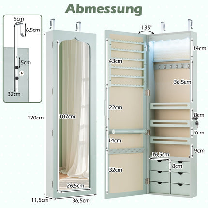 Jewelry Cabinet with Mirror, LED Lights, Lockable, Green