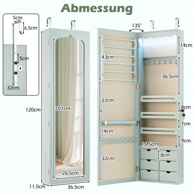 Jewelry Cabinet with Mirror, LED Lights, Lockable, Green