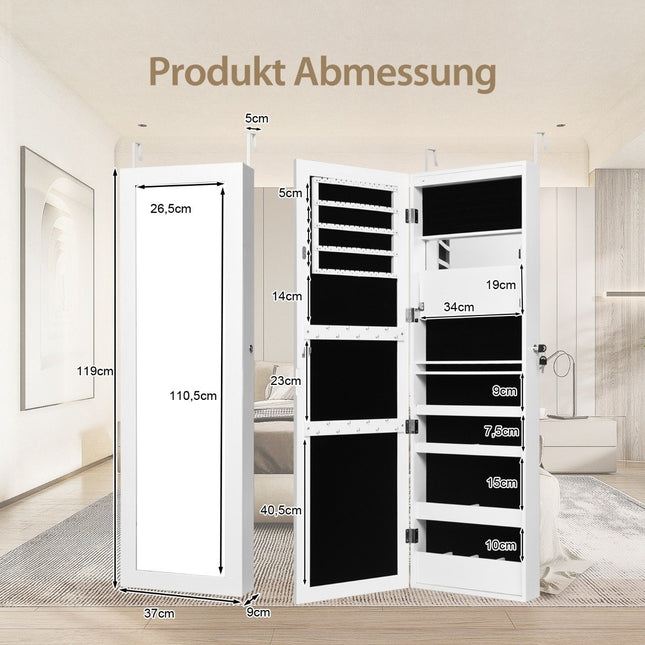 Jewelry Cabinet with Mirror, LED Lights, Lockable, White