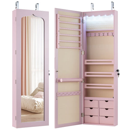 Jewelry Cabinet with Mirror, LED, Lockable, Pink