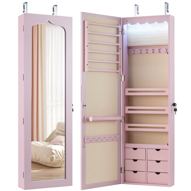Jewelry Cabinet with Mirror, LED, Lockable, Pink