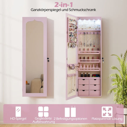 Jewelry Cabinet with Mirror, LED, Lockable, Pink