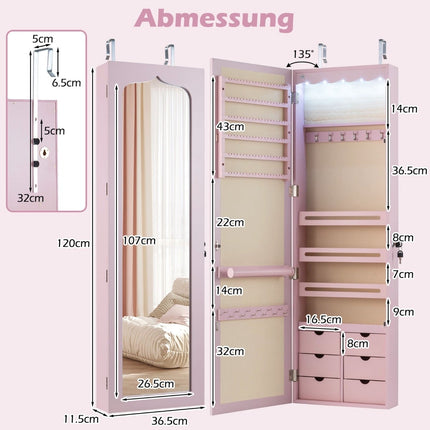Jewelry Cabinet with Mirror, LED, Lockable, Pink