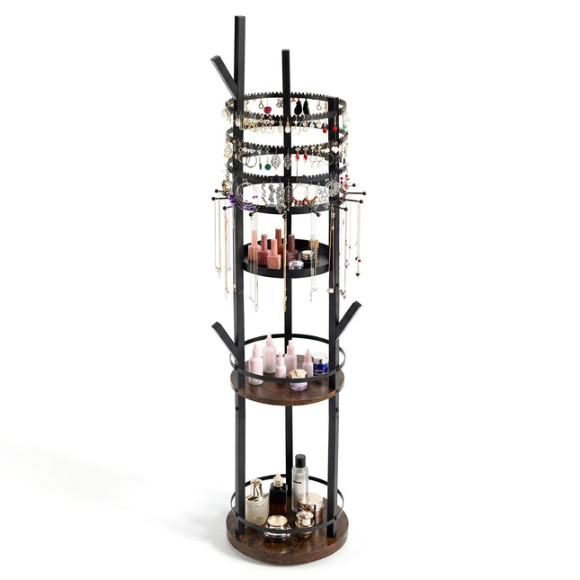 Jewelry Organizer Stand, 360 Rotating, 3-Tier, Rustic Brown